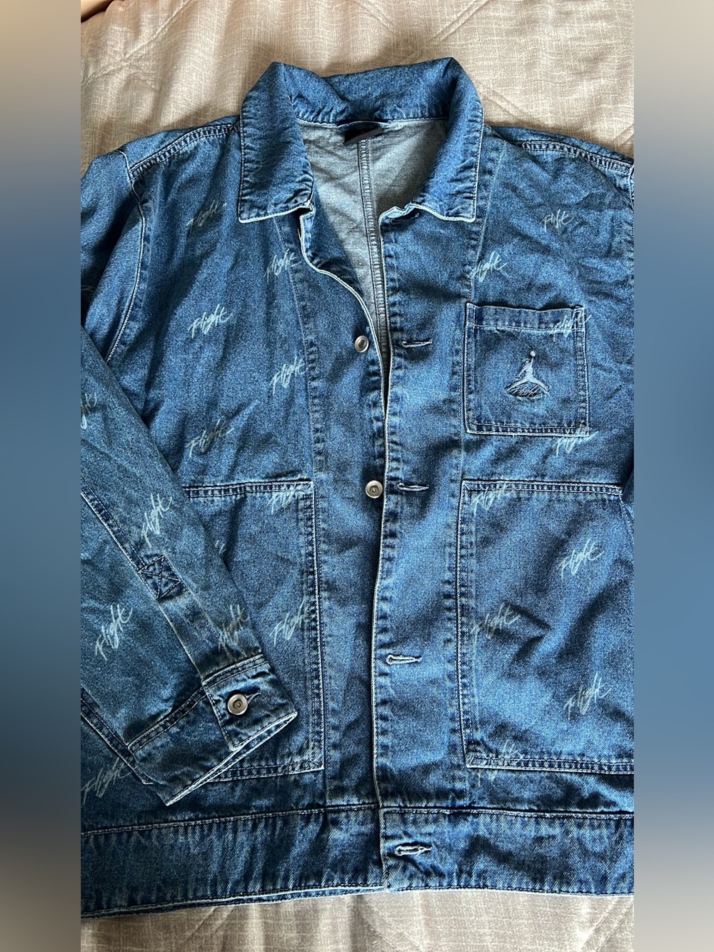 Jordan Men's Blue Denim Jacket with All-Over Script Detail